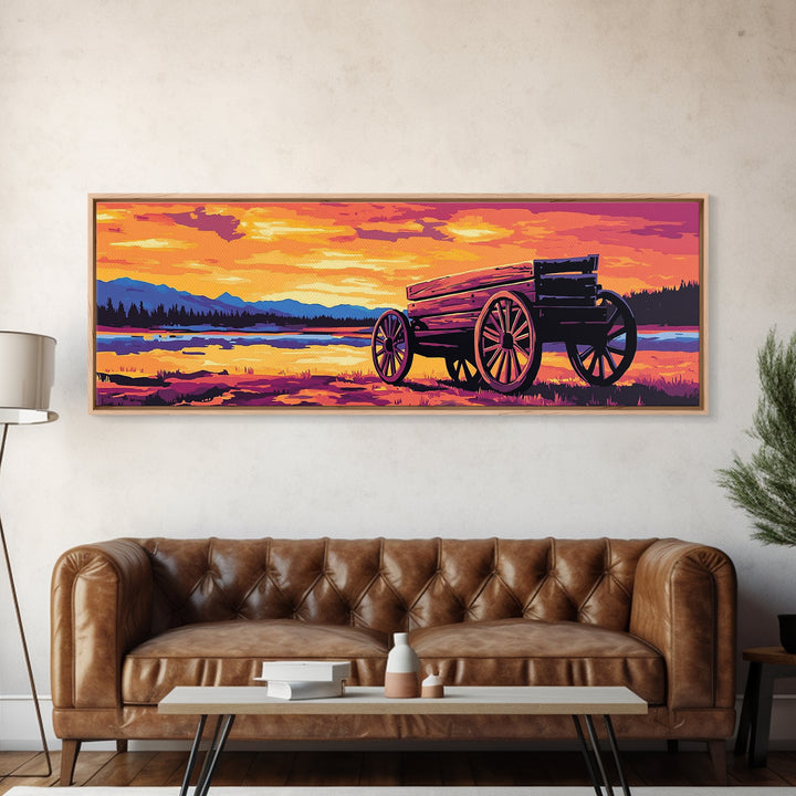Sunset Wagon Painting, southwest wall art, boho art, Joshua tree art, rustic decor, warm tones, framed canvas print, extra wide art