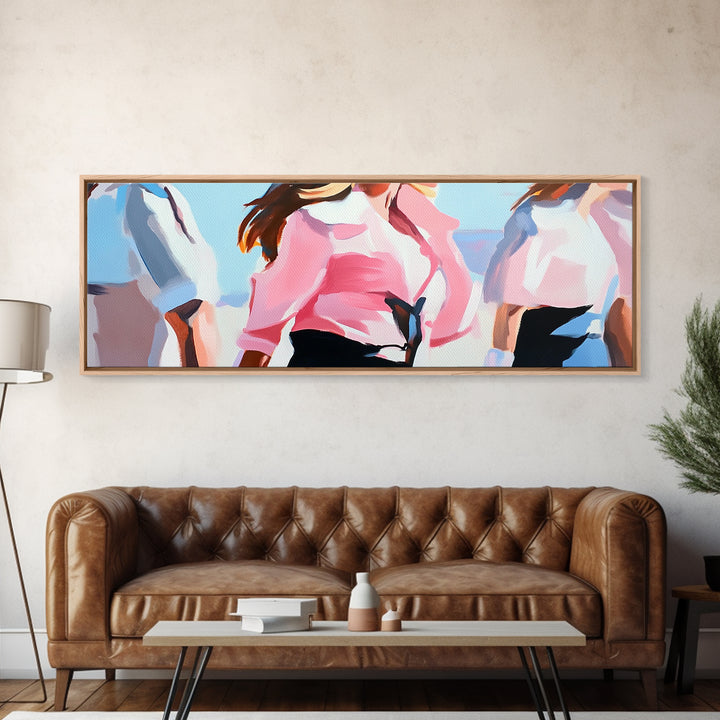Cowgirl Trio, western art, black cowgirl painting, pink abstract art, extra wide art, light pink wall art, framed canvas print