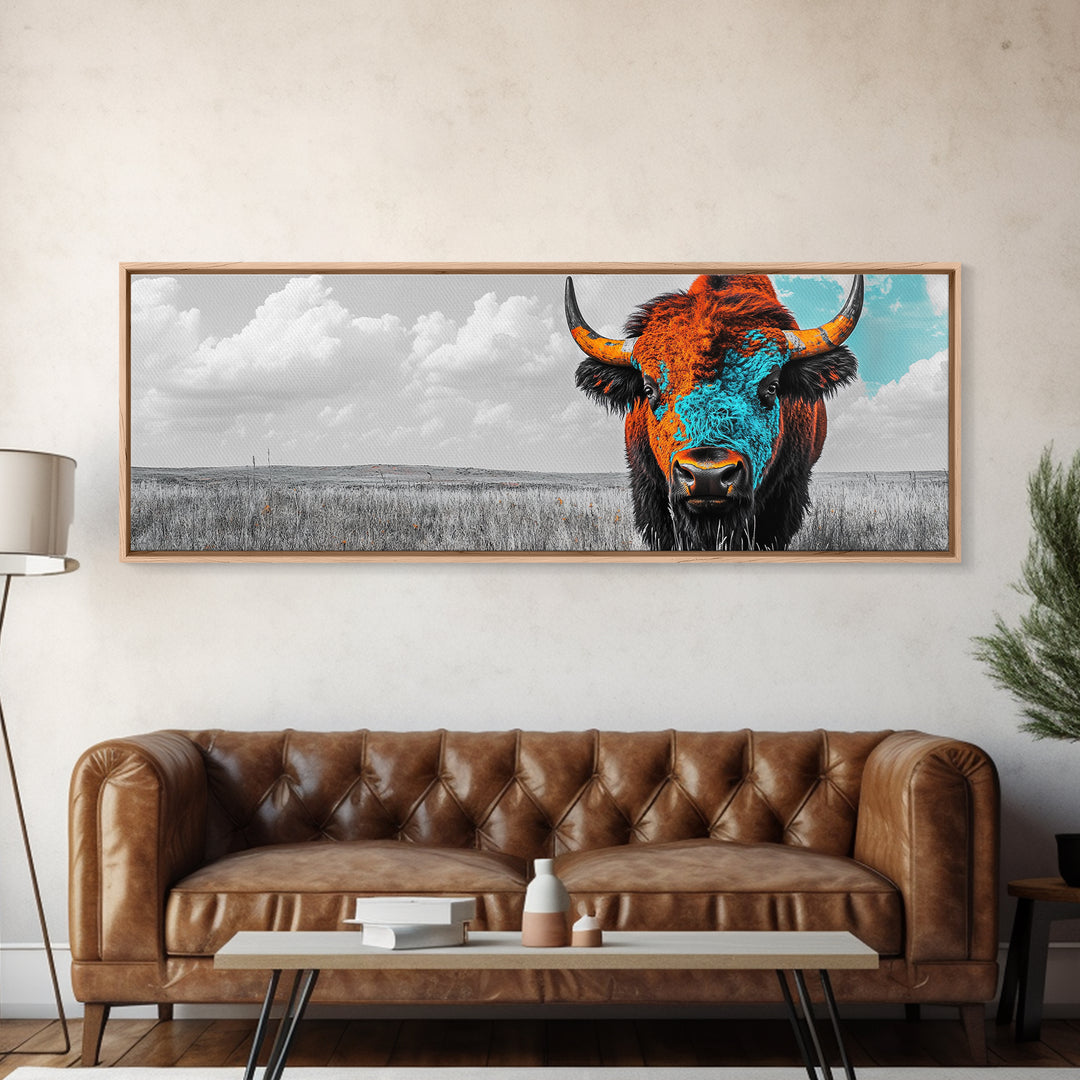 Bison Portrait, Southwest Wall Art, Buffalo Art, Native American Art, Moody Art, Panoramic Art, Rustic Decor, Framed Canvas Print
