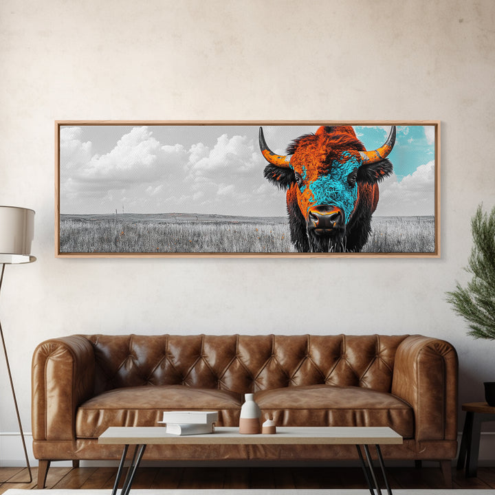 Bison Portrait, Southwest Wall Art, Buffalo Art, Native American Art, Moody Art, Panoramic Art, Rustic Decor, Framed Canvas Print