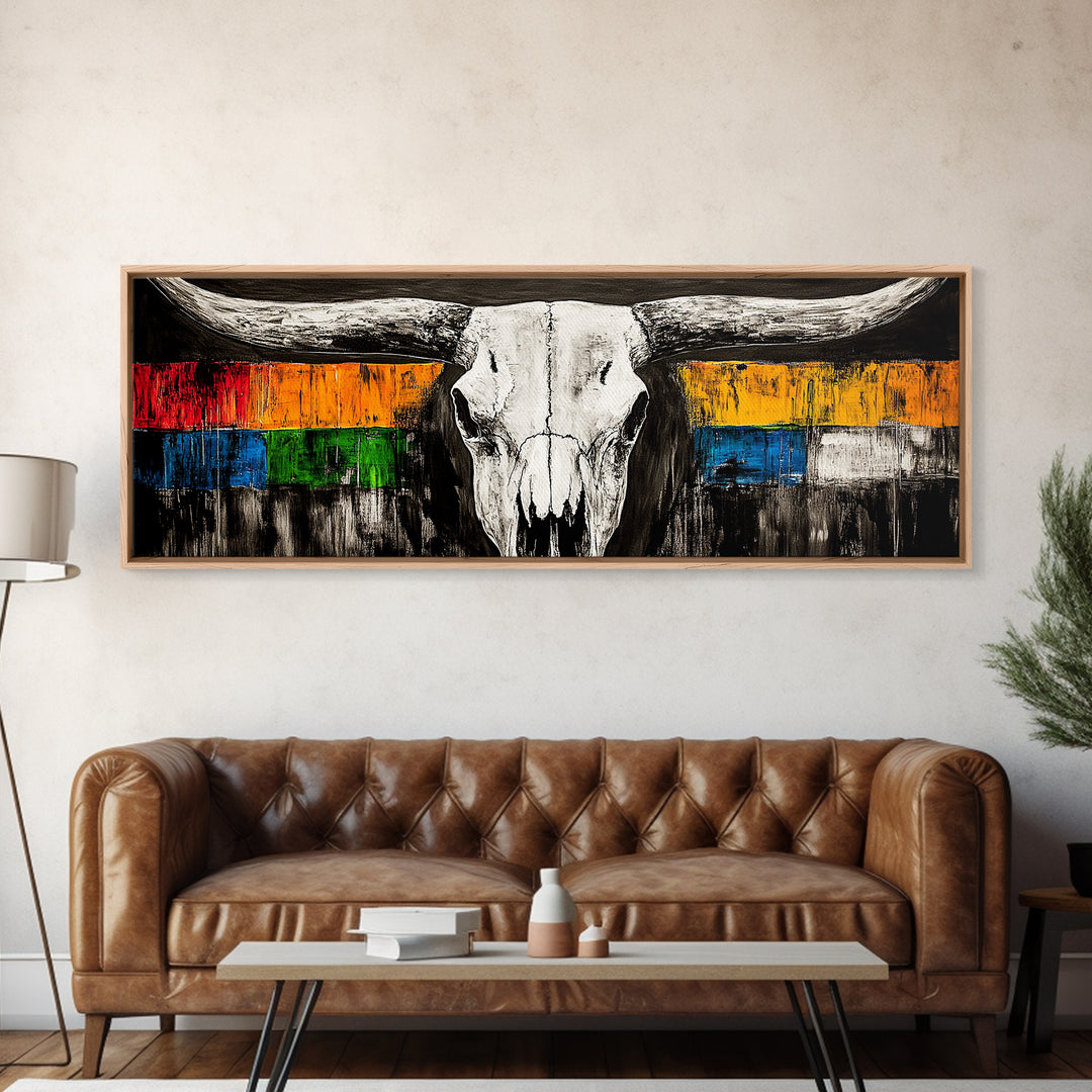 Western Skull, rustic wall art, skull art, farmhouse art, extra wide art, southwest wall art, bull and bear art, canvas print