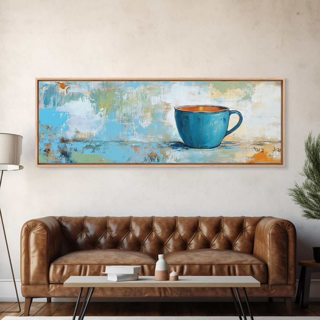 Blue Cup, coffee wall art, kitchen decor, rustic wall art, teal wall art, farmhouse art, Canvas Print, gift idea for her