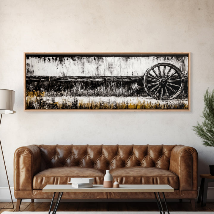 Wagon Wheel, barn landscape oil painting, black and white art, rustic decor, farmhouse art, extra wide art, Framed Canvas Print, moody art