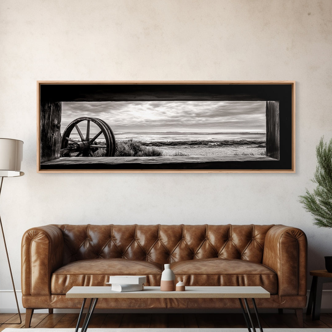 Black White Wagon, rustic decor, panoramic art, moody art, extra wide art, barn landscape oil painting, framed canvas print, living room art