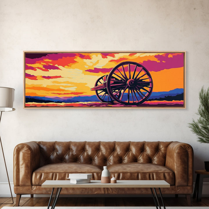 Sunset Wagon Wheel, pink orange wall art, bold color art, boho art, panoramic painting, extra wide art, framed canvas print, landscape painting