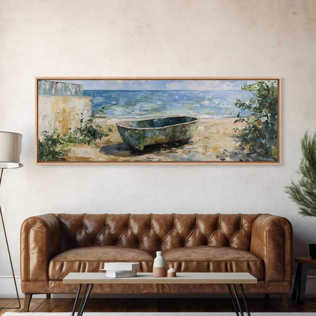 Beach Tub, rustic decor, coastal wall art, wabi sabi art, framed canvas print, farmhouse art, seascape painting, nautical decor