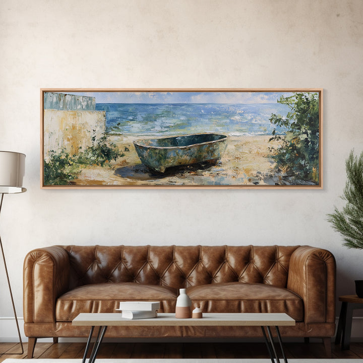 Beach Tub, rustic decor, coastal wall art, wabi sabi art, framed canvas print, farmhouse art, seascape painting, nautical decor