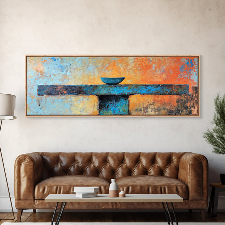 Blue Bowl, minimalist art, wabi sabi art, extra wide art, framed canvas print, sage green wall art, horizontal wall art, therapy art