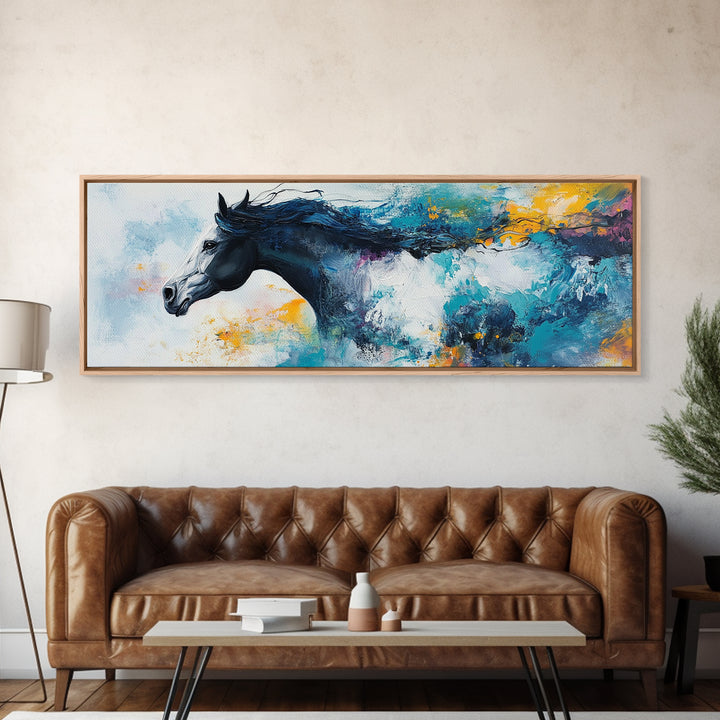 Horse Wall Art, Framed Canvas Print, Extra Wide Art, Blue and Green Wall Art, Moody Art, Rustic Decor, Panoramic Art, Farmhouse Art, Gift Idea for Him