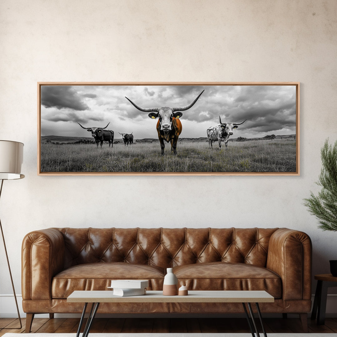 Texas Longhorns, Bull and Bear Art, Rustic Wall Art, Moody Art, Extra Wide Art, Framed Canvas Print, Horizontal Wall Art, Gift Idea