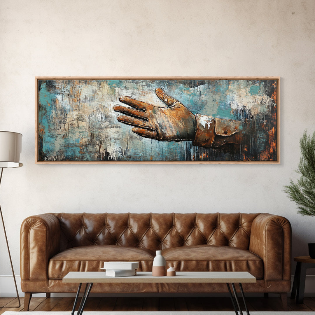 Rustic Leather Glove Art, Framed Canvas Print, Wabi Sabi Wall Art, Moody Art, Teal Wall Art, Extra Wide Art, Farmhouse Art