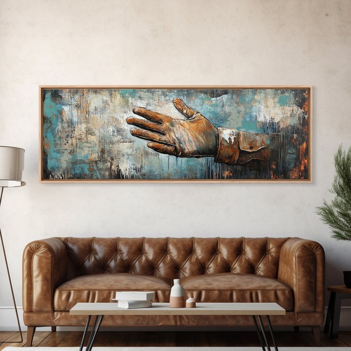 Rustic Leather Glove Art, Framed Canvas Print, Wabi Sabi Wall Art, Moody Art, Teal Wall Art, Extra Wide Art, Farmhouse Art