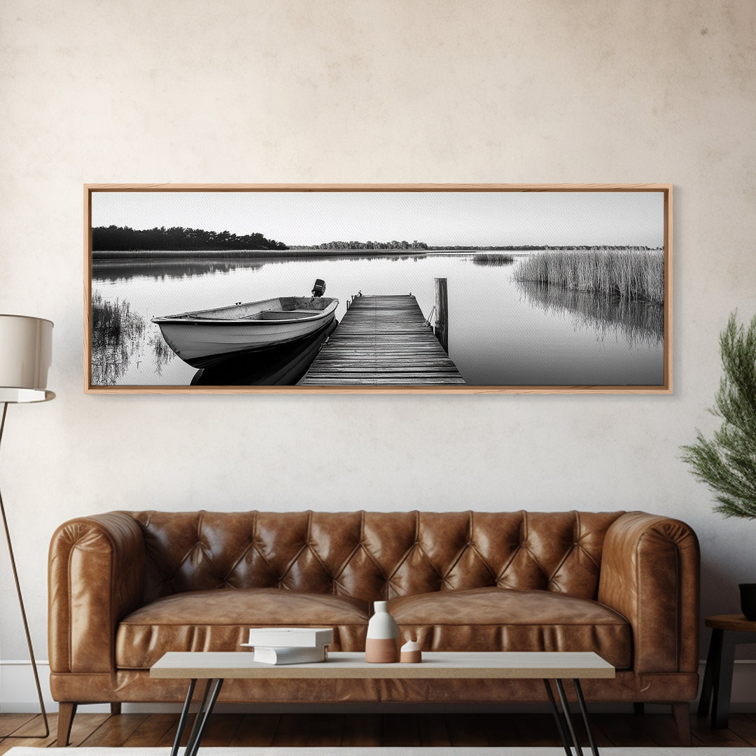 Boat On Dock, Nautical Wall Art, Framed Canvas Print, Coastal Landscape Art, Rustic Decor, Extra Wide Art, Minimalist Art, Bedroom Art