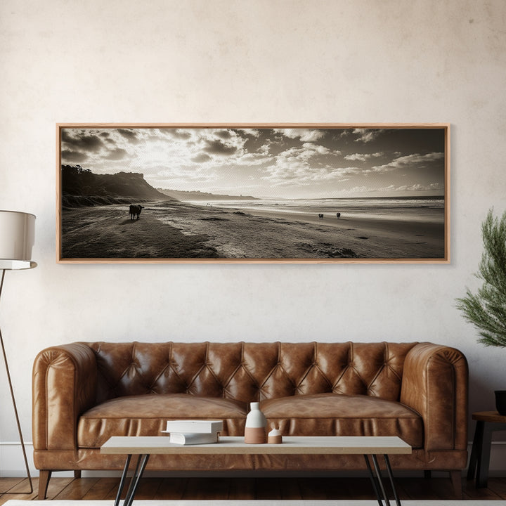 Cattle On Beach, Wabi Sabi Art, Framed Canvas Print, Coastal Landscape Art, Rustic Decor, Extra Wide Art, Moody Art, Minimalist Art