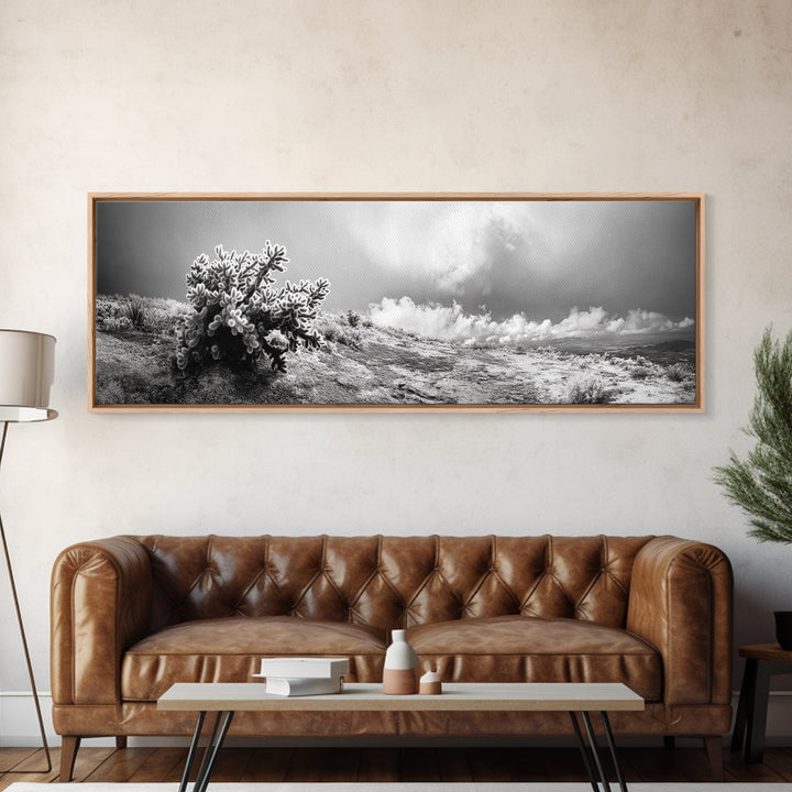 Desert Cactus, Southwest Wall Art, Canvas Print, Joshua Tree Art, Rustic Decor, Extra Wide Art, Moody Black And White Art, Above Sofa Art
