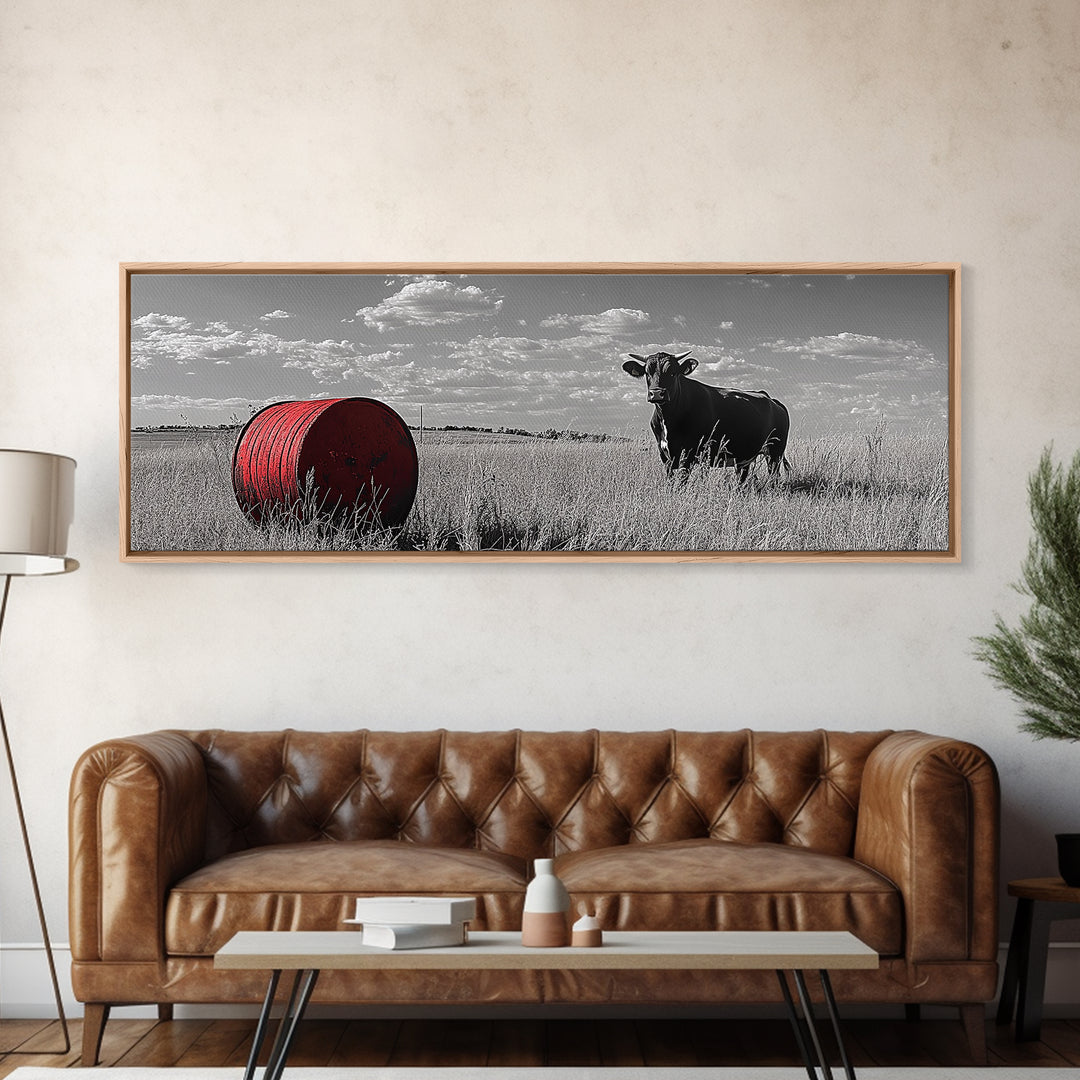 Black Cow, Farmhouse Art, Rustic Decor, Western Wall Art, Long Narrow Wall Art, Moody Art, Extra Wide Art, Framed Canvas Print
