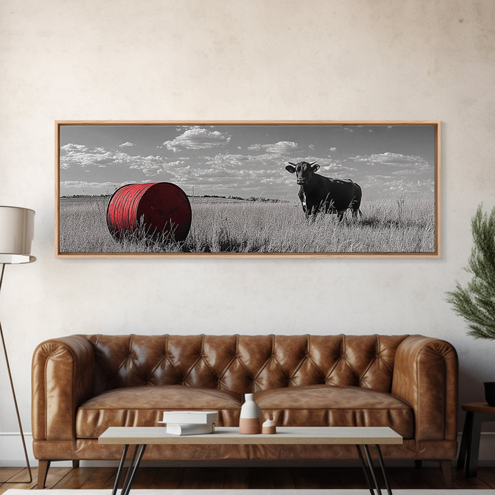 Black Cow, Farmhouse Art, Rustic Decor, Western Wall Art, Long Narrow Wall Art, Moody Art, Extra Wide Art, Framed Canvas Print