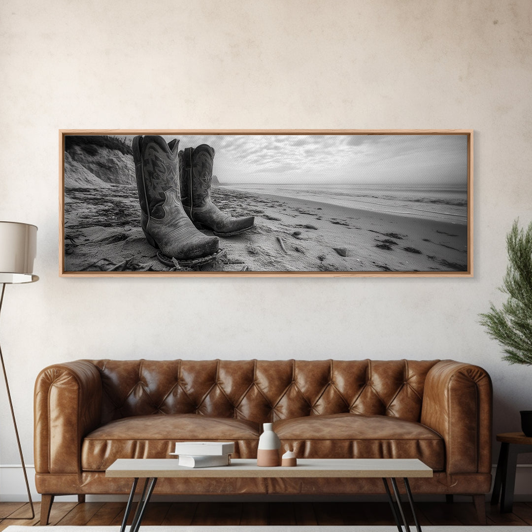 Cowboy Boots, coastal wall art, rustic decor, boho art, wabi sabi art, cowboy painting, framed canvas print, western style decor