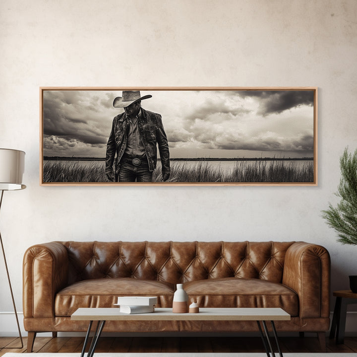 Cowboy Portrait, rustic wall art, moody art, black cowgirl painting, wabi sabi art, western decor, framed canvas print, extra wide art