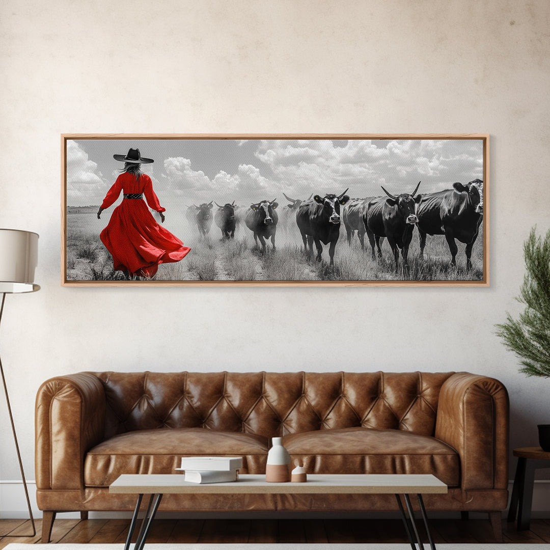 Cowgirl Herding Cattle, Western Art, Ranch Life Art, Black Cowgirl Painting, Rustic Wall Art, Panoramic Art, Canvas Print
