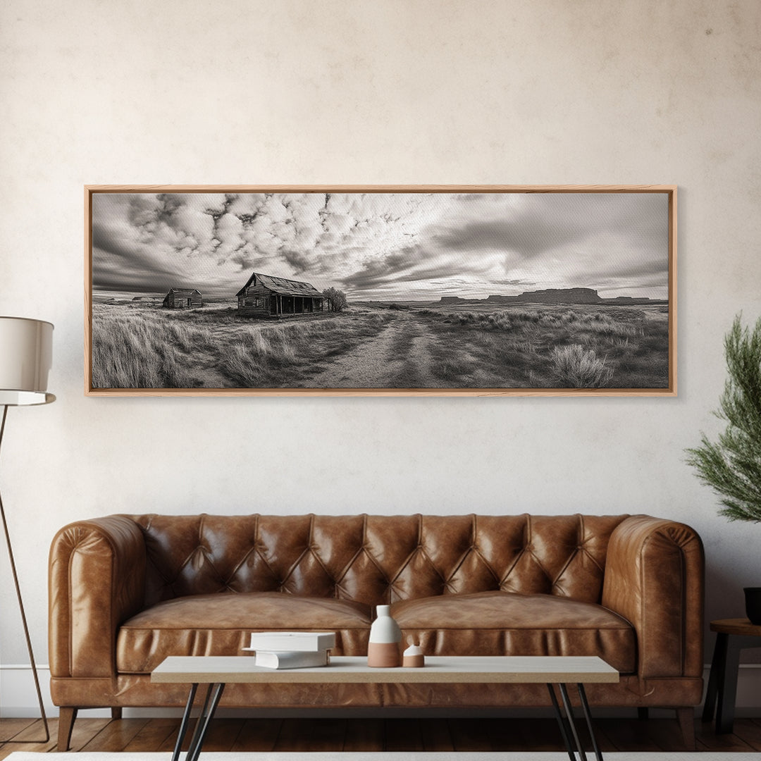 Abandoned cabin, western landscape, rustic wall art, panoramic art, extra wide art, southwest wall art, framed canvas print, farmhouse decor