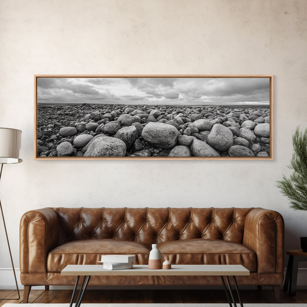 Rocky terrain, minimalist art, wabi sabi art, panoramic art, extra wide art, landscape painting, framed canvas print, moody art, rustic decor