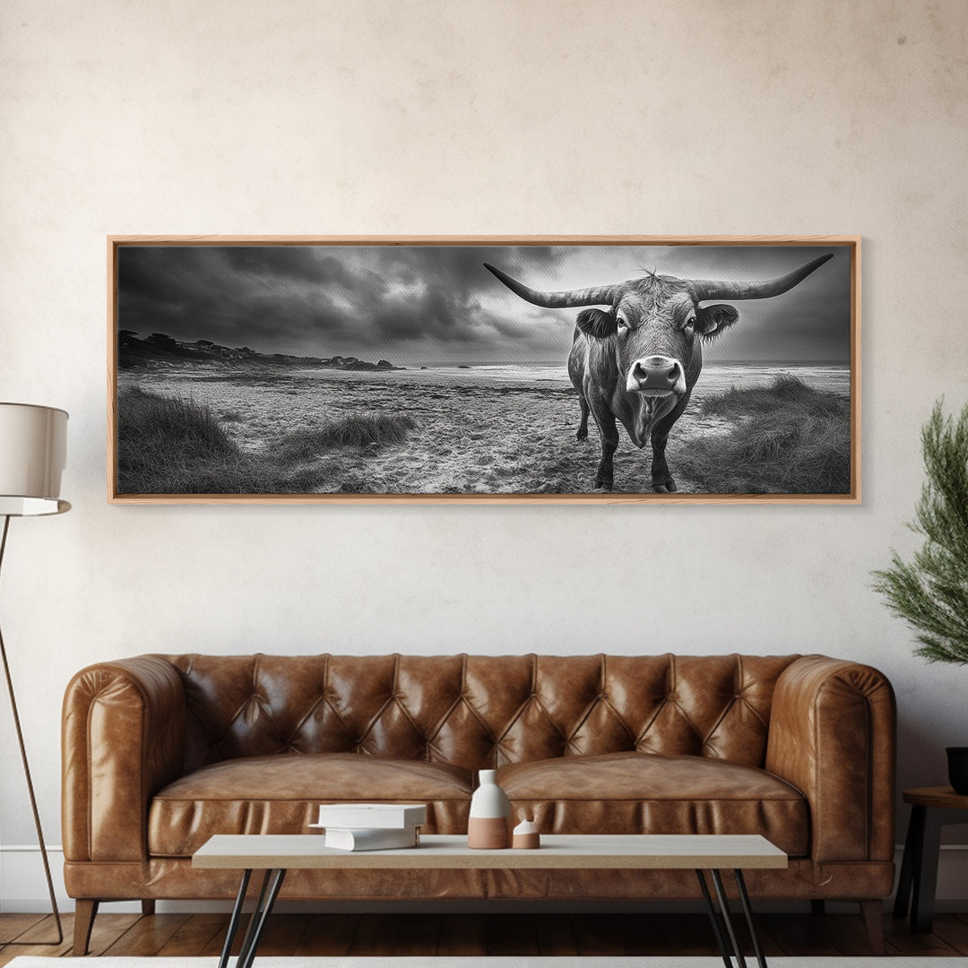 Bull on Beach, bull and bear art, moody art, coastal cowgirl wall art, dark romance painting, farmhouse art, framed canvas print