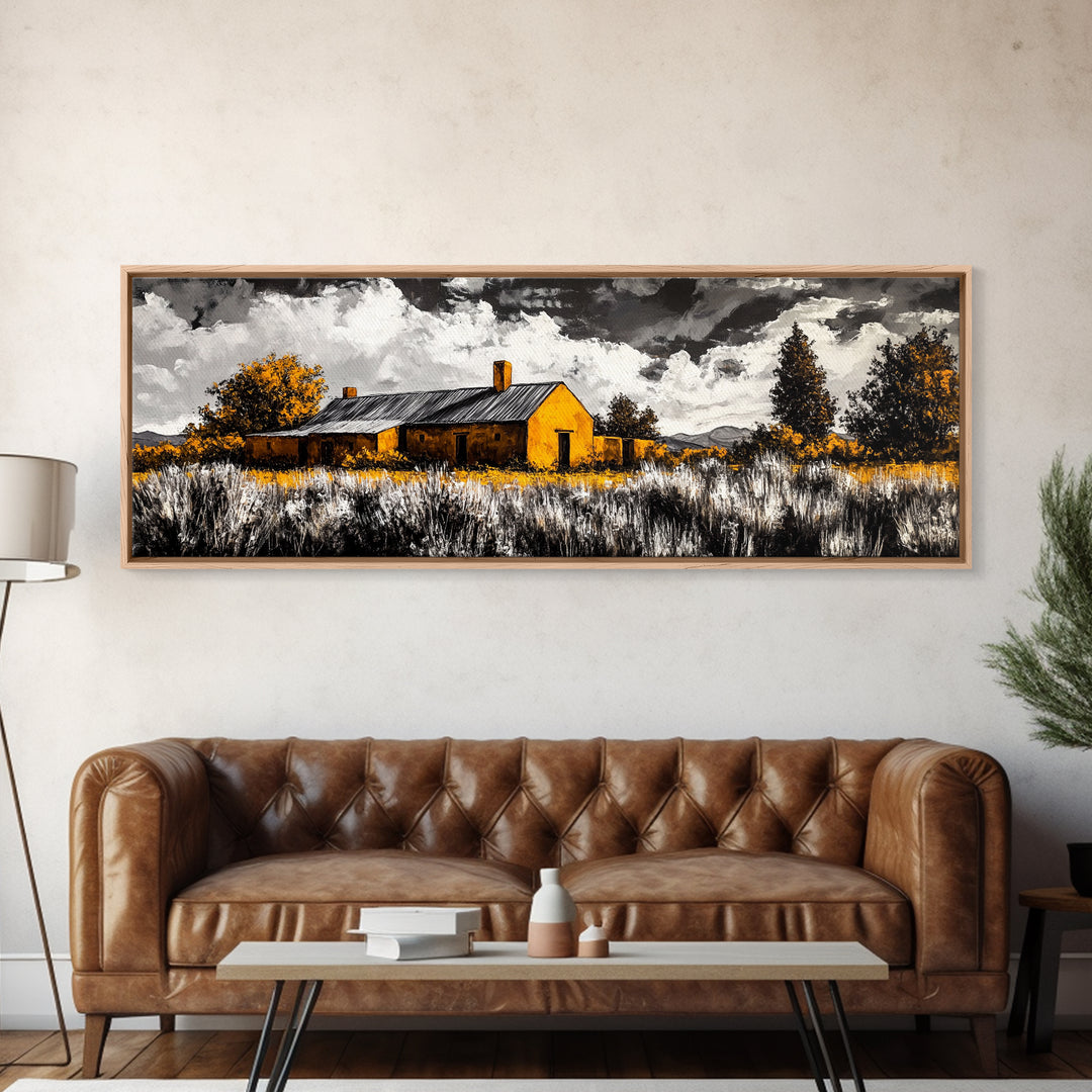 Adobe House, southwest wall art, rustic decor, farmhouse art, warm tones, panoramic art, moody art, extra wide art, framed canvas print