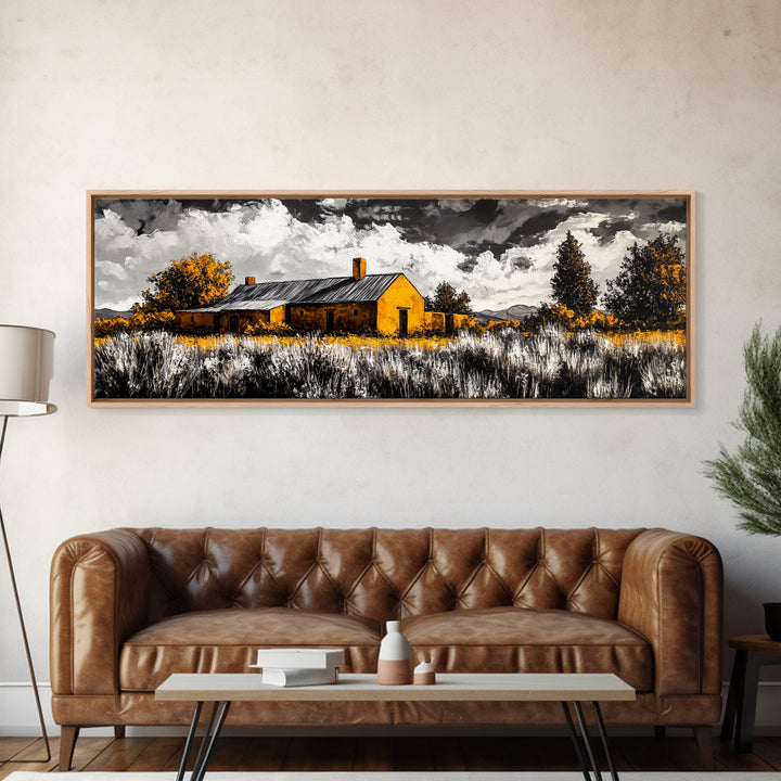 Adobe House, southwest wall art, rustic decor, farmhouse art, warm tones, panoramic art, moody art, extra wide art, framed canvas print