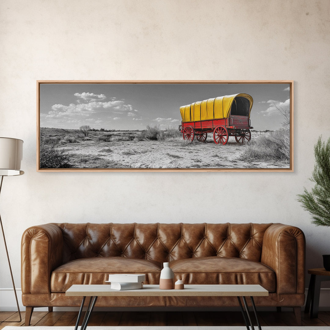 Covered Wagon, Pioneer Art, Old West Decor, Historical Wall Art, Rustic Decor, Landscape Painting, Panoramic Art, Framed Canvas Print