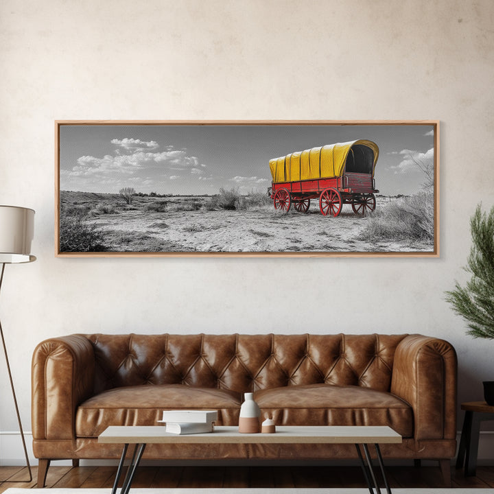 Covered Wagon, Pioneer Art, Old West Decor, Historical Wall Art, Rustic Decor, Landscape Painting, Panoramic Art, Framed Canvas Print