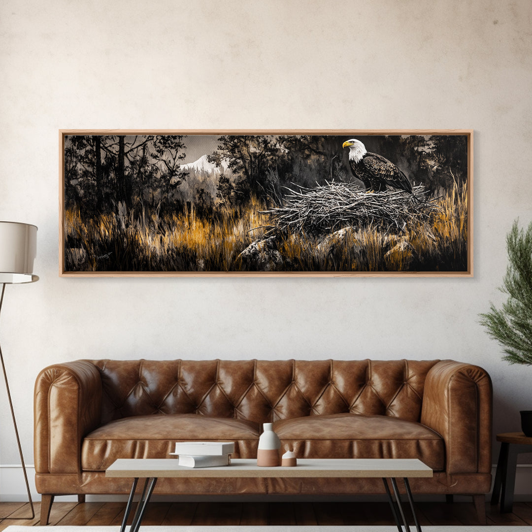 Bald Eagle, wildlife art, eagle painting, southwest wall art, rustic decor, panoramic painting, moody art, framed canvas print, above sofa art