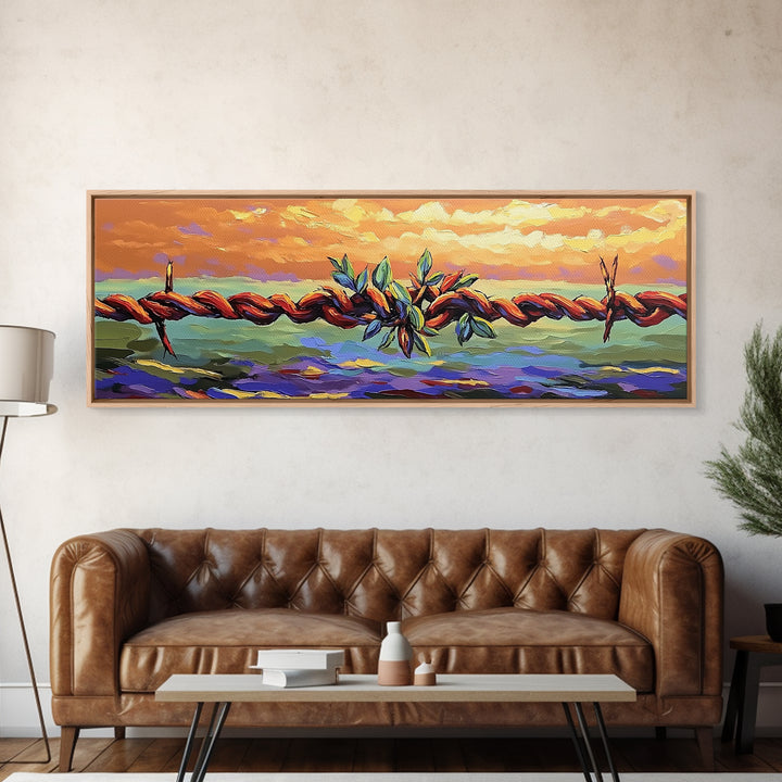 Barbed Wire Sunset, rustic wall art, southwest wall art, vibrant painting, western decor, long narrow wall art, framed canvas print