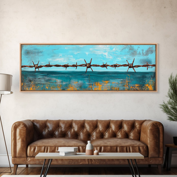 Barbed Wire Ocean, coastal decor, rustic art, farmhouse painting, minimalist painting, extra wide art, framed canvas print, moody art