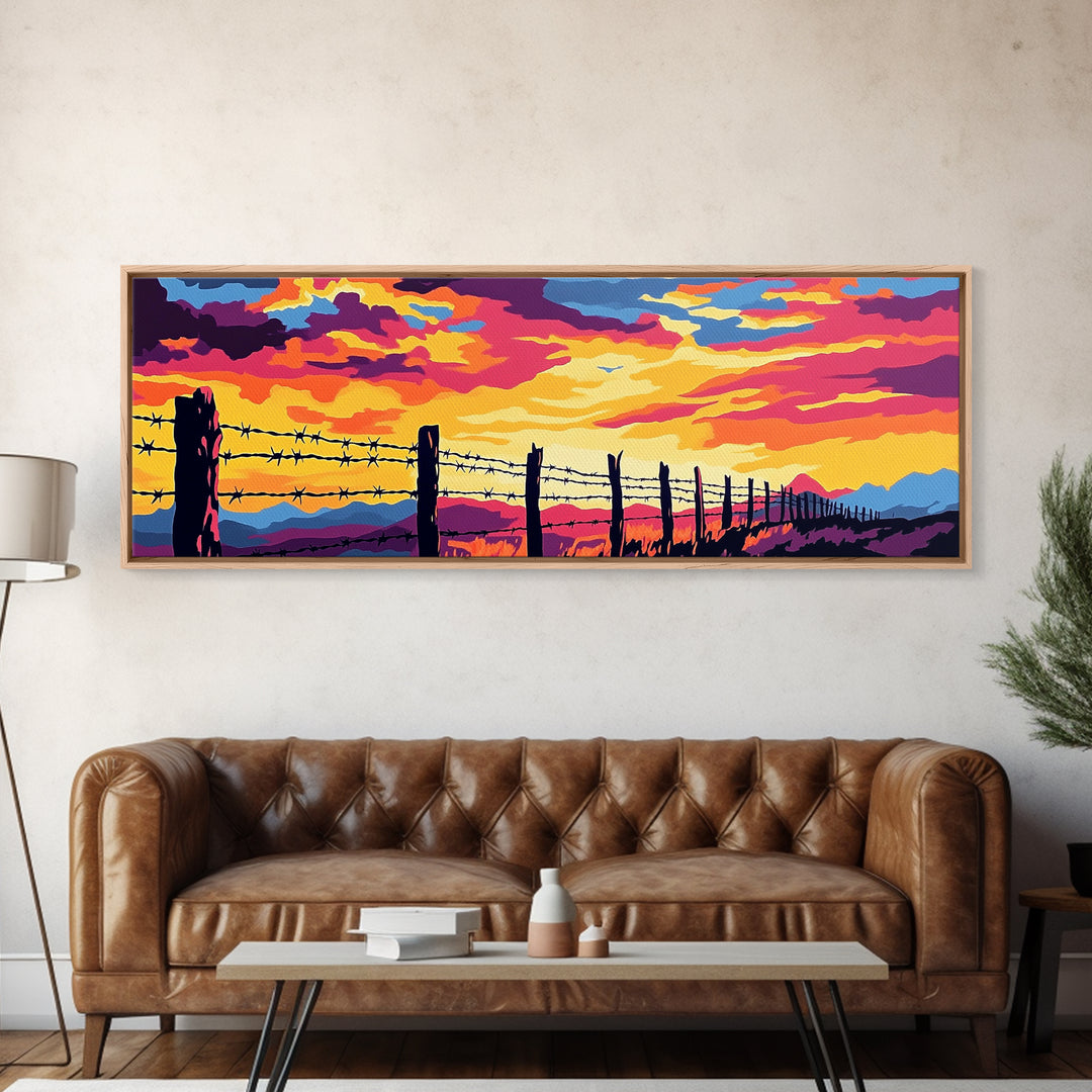Barbed Wire Fence, southwest wall art, rustic decor, cowboy painting, panoramic art, long narrow wall art, framed canvas print, farmhouse art