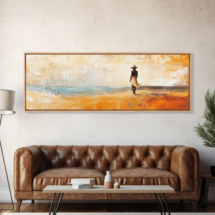 Desert Woman, African art, coastal wall art, rustic decor, minimalist painting, warm tones, framed canvas print, extra wide art