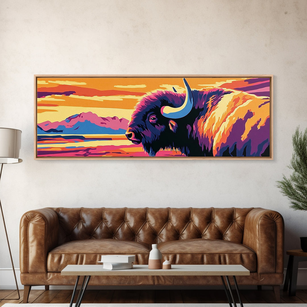 Abstract Buffalo, rustic wall art, southwestern painting, farmhouse decor, moody art, extra wide art, framed canvas print, above sofa art