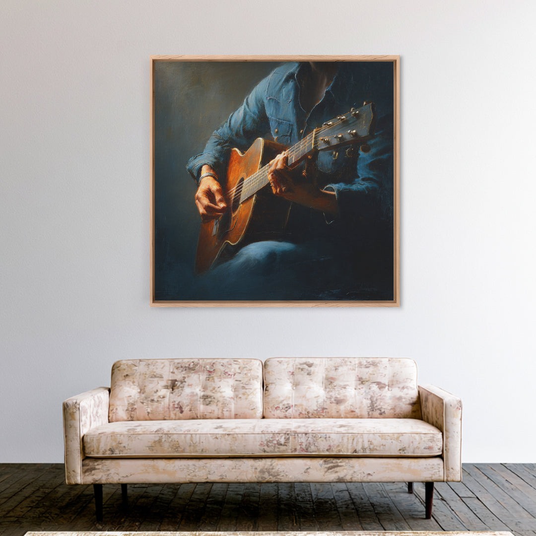 Musician Hands on Guitar Strings Canvas Print, Recording Studio Art, Music Wall Art, Studio Decor, Oil Painting, Analog, RSA-1x1-15