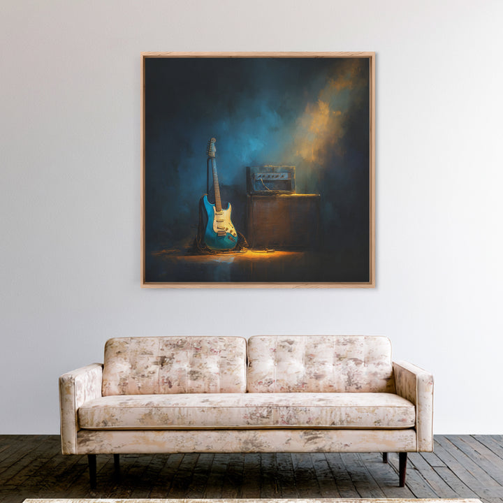 Electric Guitar Beside a Studio Amp Framed Canvas Print, Recording Studio Art, Wall Sculpture, Studio Decor, Oil Painting, RSA-1x1-28