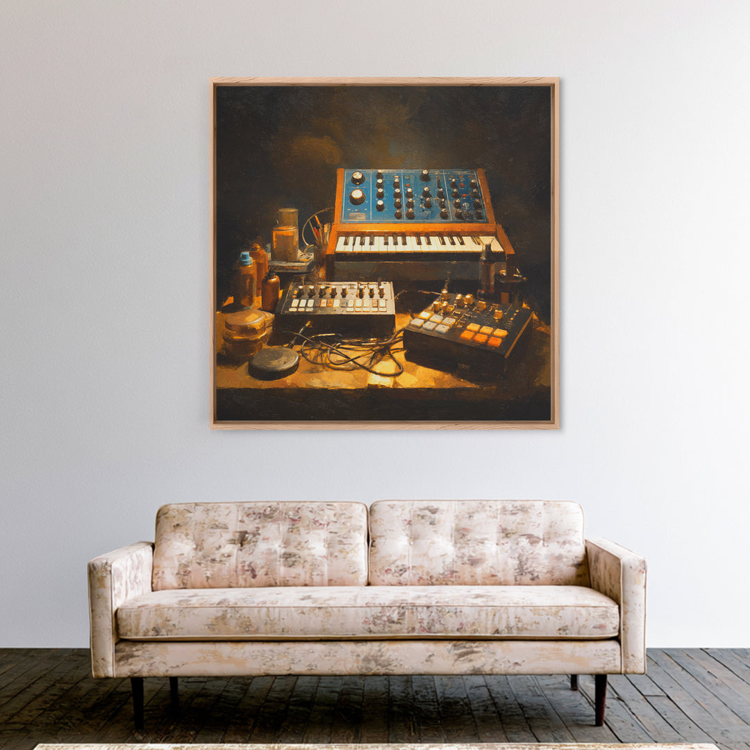 Analog Synthesizer Knobs and Cables Framed Canvas Print, Recording Studio Art, Downloadable Print, Studio Decor, Oil Painting, RSA-1x1-37