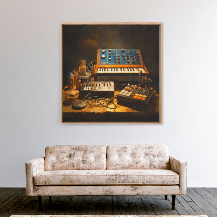 Analog Synthesizer Knobs and Cables Framed Canvas Print, Recording Studio Art, Downloadable Print, Studio Decor, Oil Painting, RSA-1x1-37