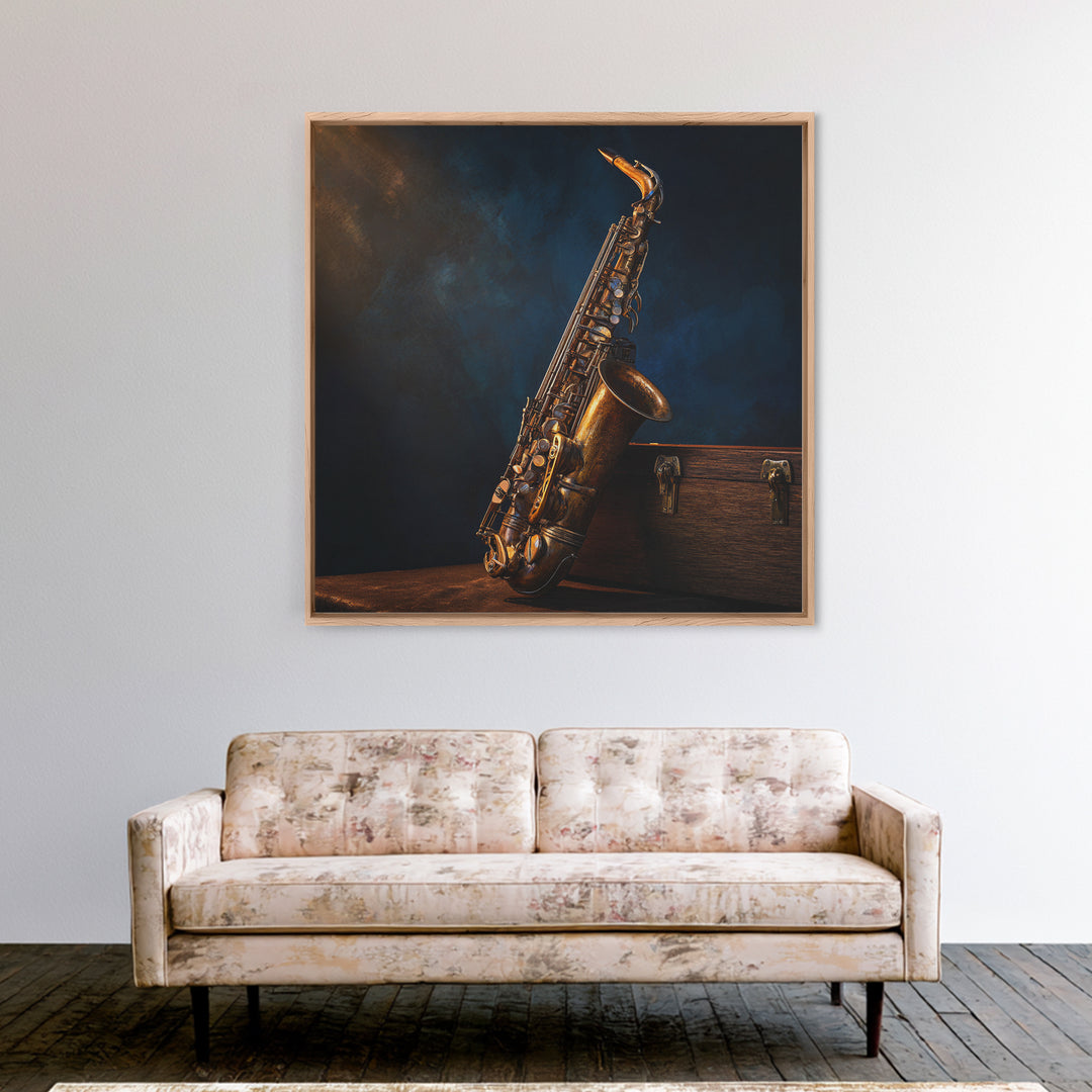 Brass Saxophone on Dark Velvet Framed Canvas Print, Recording Studio Art, Luxury Decor, Studio Decor, Fine Art, Analog, RSA-1x1-40
