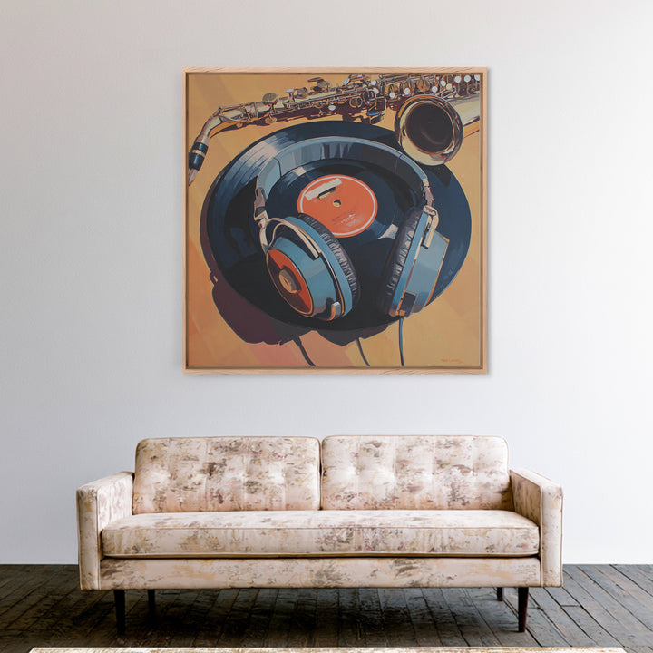 Headphones Resting on a Vinyl Record Canvas Print, Recording Studio Art, Headphones Poster, Studio Decor, Fine Art, Analog, RSA-1x1-5