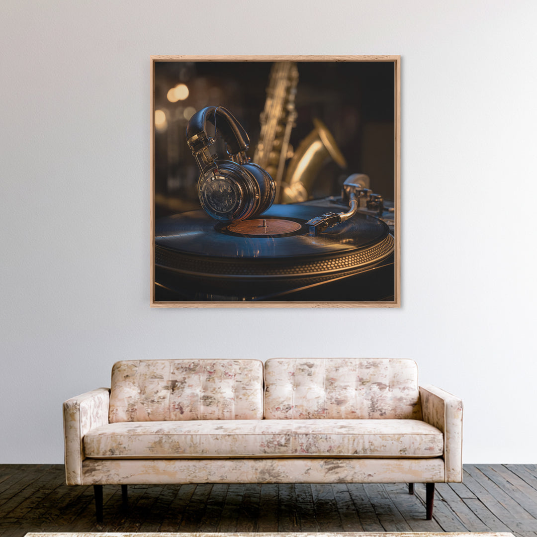 Headphones Resting on a Vinyl Record Framed Canvas Print, Recording Studio Art, Music Room Decor, Studio Decor, Analog, RSA-1x1-53