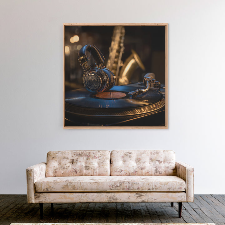 Headphones Resting on a Vinyl Record Framed Canvas Print, Recording Studio Art, Music Room Decor, Studio Decor, Analog, RSA-1x1-53
