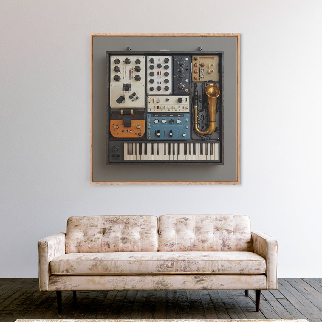 Analog Synthesizer Knobs and Cables Framed Canvas Print, Recording Studio Art, Downloadable Print, Studio Decor, Oil Painting, RSA-1x1-61