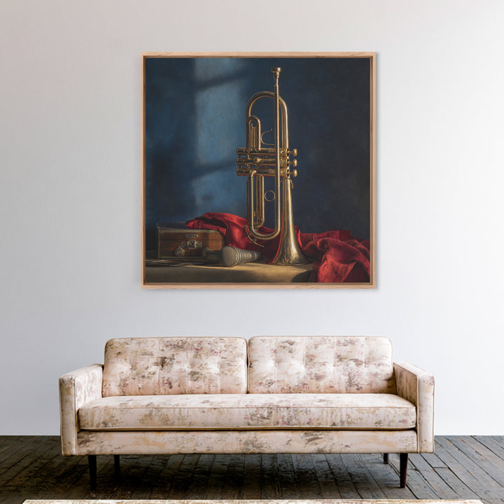 Jazz Trumpet and Microphone Still Life Framed Canvas Print, Recording Studio Art, Retro Wall Art, Studio Decor, Analog, RSA-1x1-7