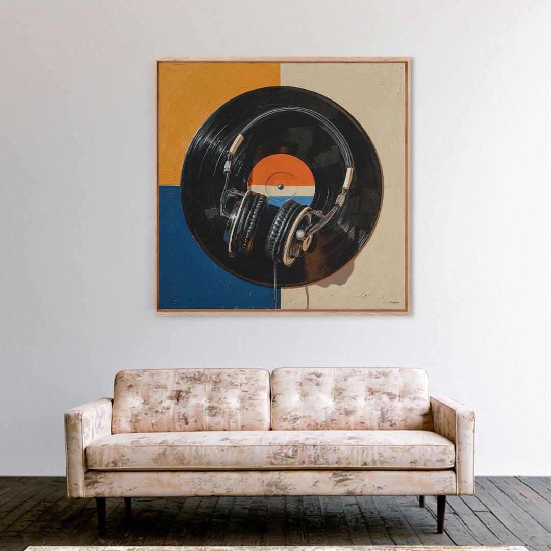 Headphones Resting on a Vinyl Record Canvas Print, Recording Studio Art, Modern Decor, Studio Decor, Fine Art, Analog, RSA-1x1-77