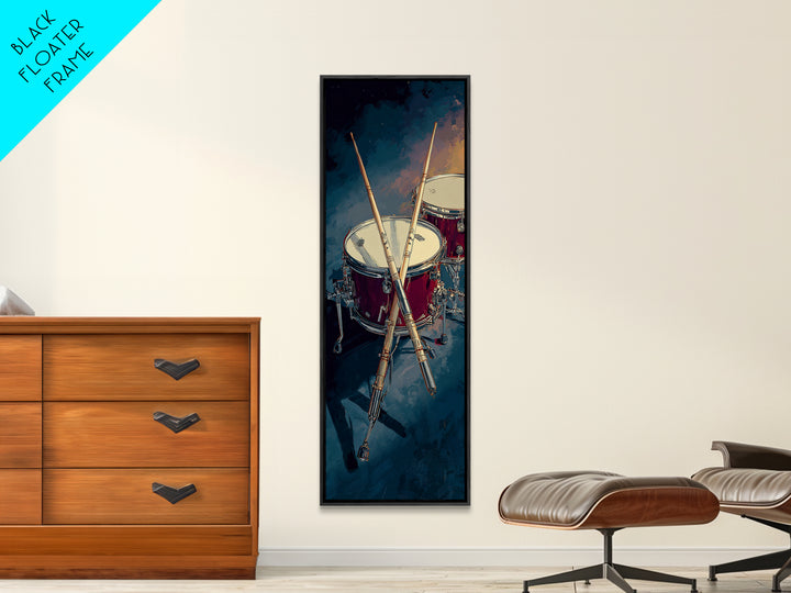 Drumsticks Crossed over Snare Drum Framed Canvas Print, Recording Studio Art, Musician Posters, Studio Decor, Fine Art, Analog, RSA-1x3-70