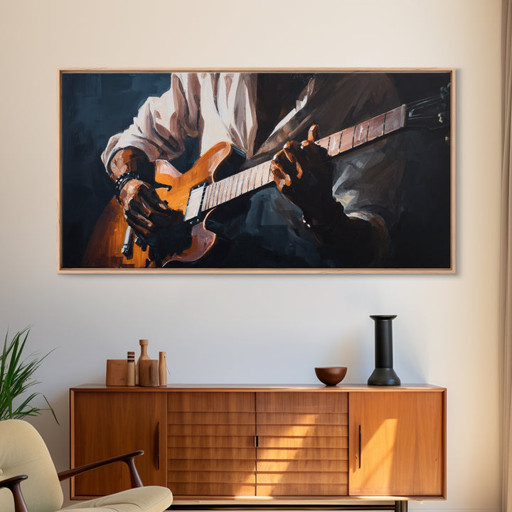 Musician Hands on Guitar Strings Framed Canvas Print, Recording Studio Art, Kids Room Art, Studio Decor, Fine Art, Analog, RSA-2x1-11